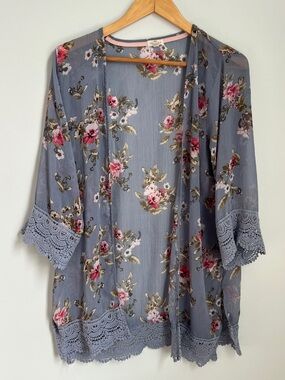 Sheer Floral Kimono Coverup Cardigan Dusty Blue Pink Roses #JFW49245GG Size S